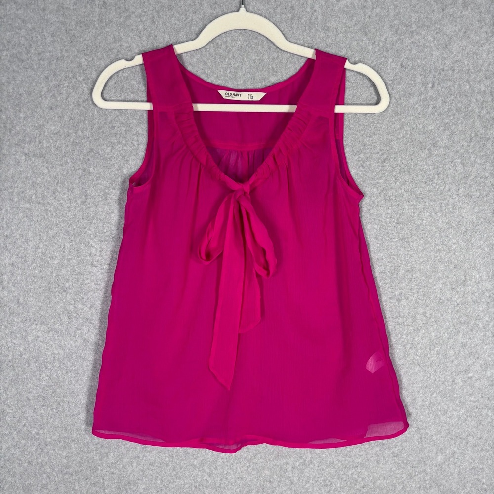 Old Navy Sheer Tie Neck Blouse Small Pink Chiffon Pleated Tank Top Feminine